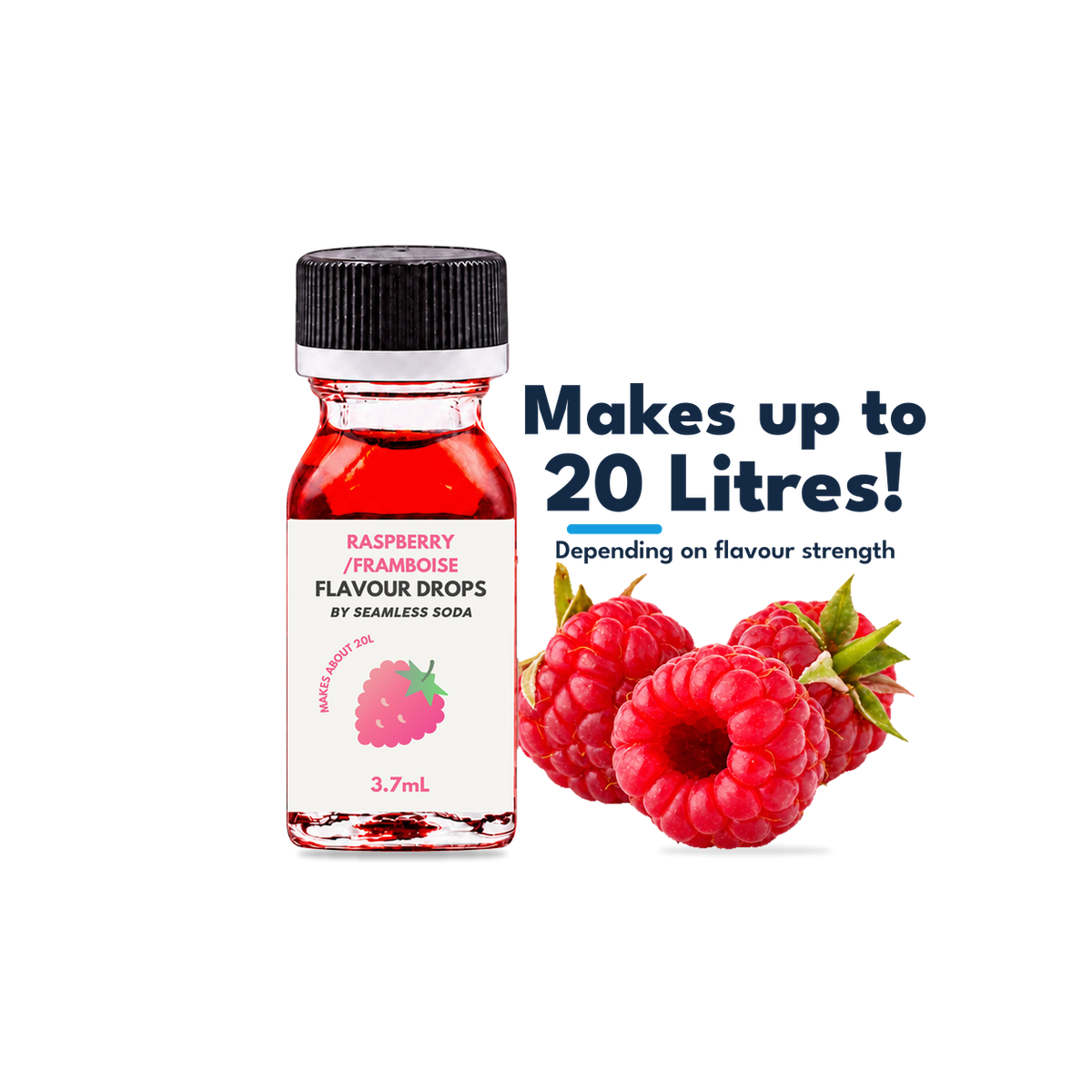 Seamless Soda Raspberry Flavour Drops 3.7 mL bottle with raspberry flavour illustration; makes up to 20 litres depending on flavour strength