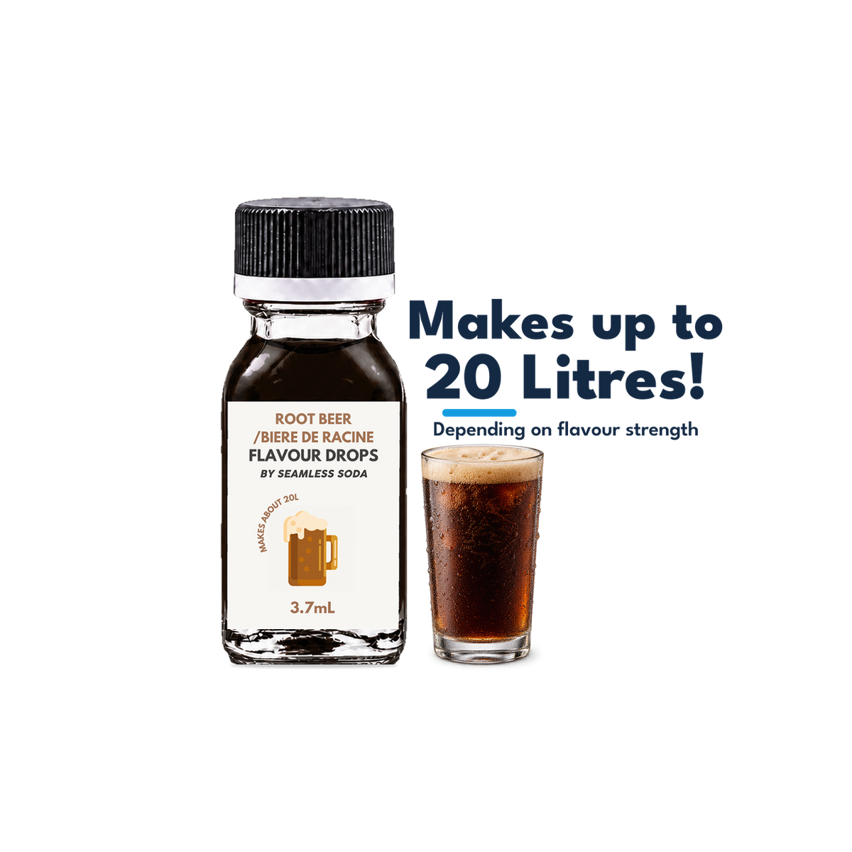 Seamless Soda Root Beer Flavour Drops, 3.7 mL white-label bottle with a frosty root beer serving illustration