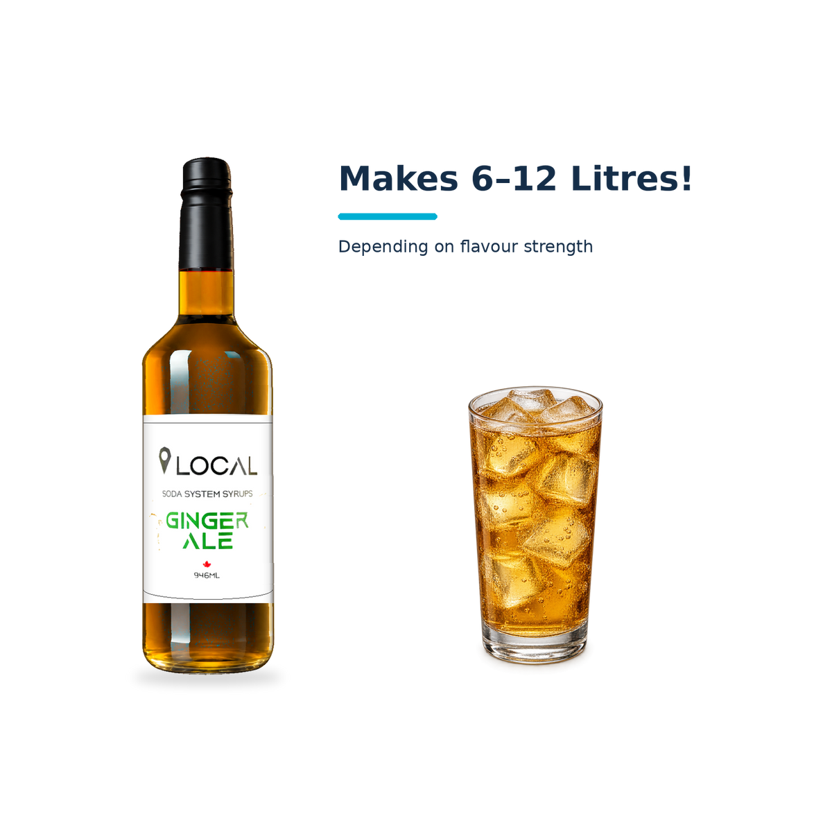 Simps LOCAL Ginger Ale syrup with a serving illustration; makes 6–12 litres depending on flavour strength
