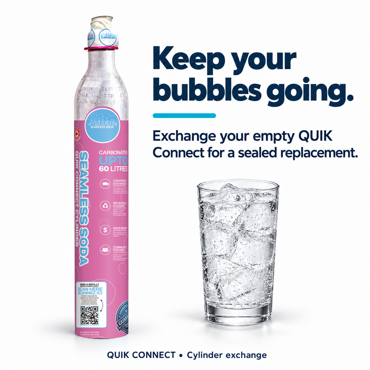 Seamless Soda QUIK exchange cylinder benefits with the new pink sleeve and white top