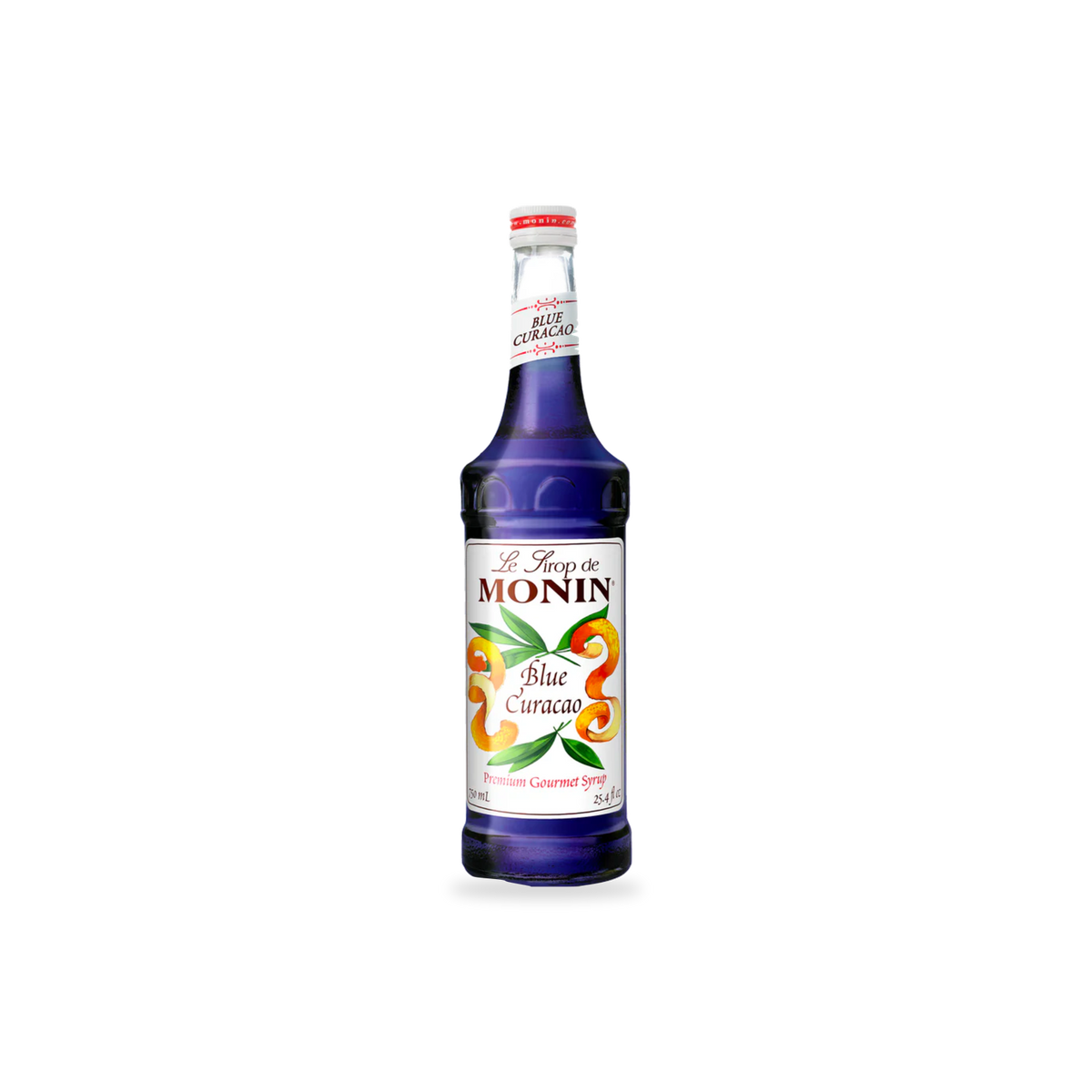 Monin Blue Curaçao syrup 750 mL bottle on a transparent background with a subtle base shadow
