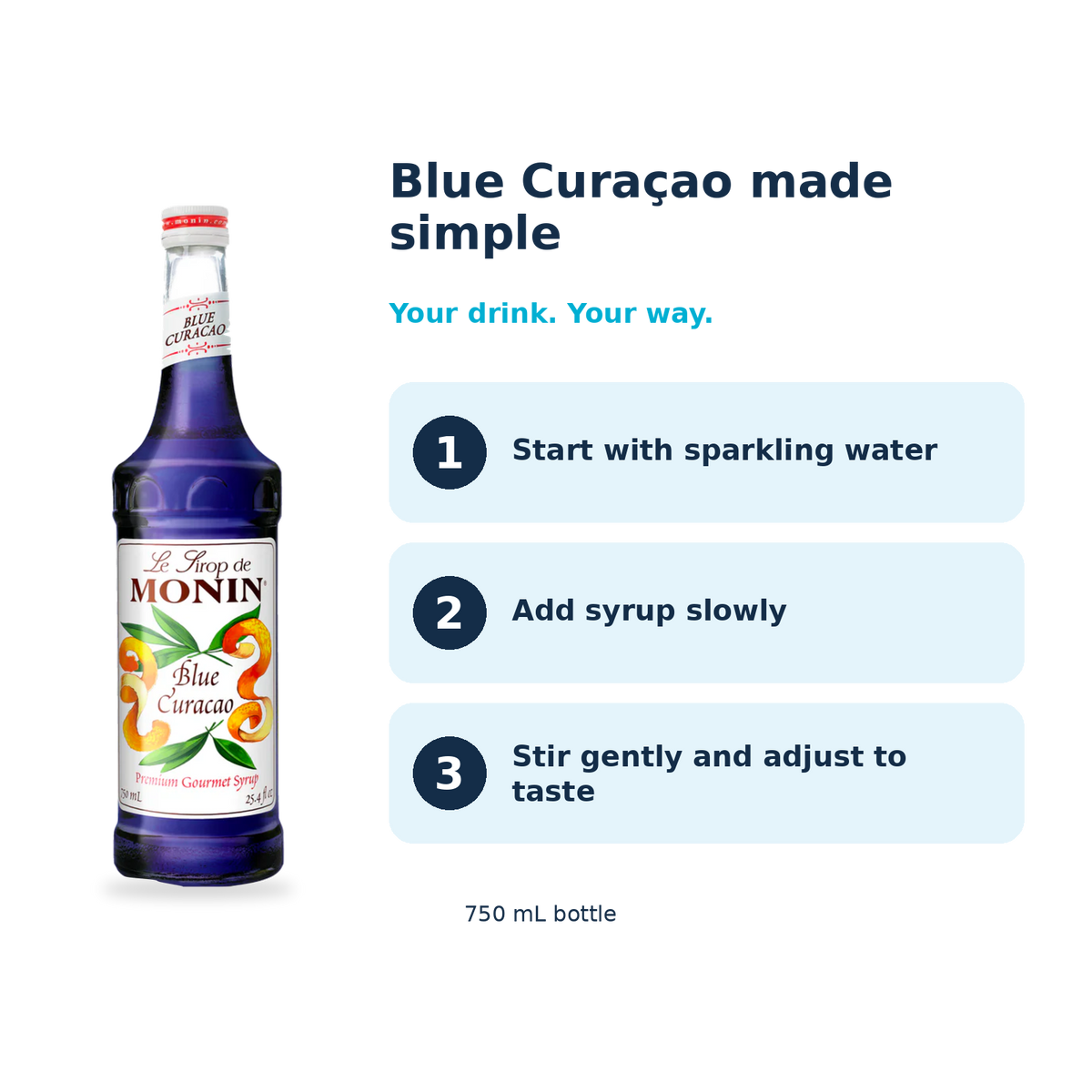 Monin Blue Curaçao syrup: start with sparkling water, add syrup slowly, stir gently and adjust to taste