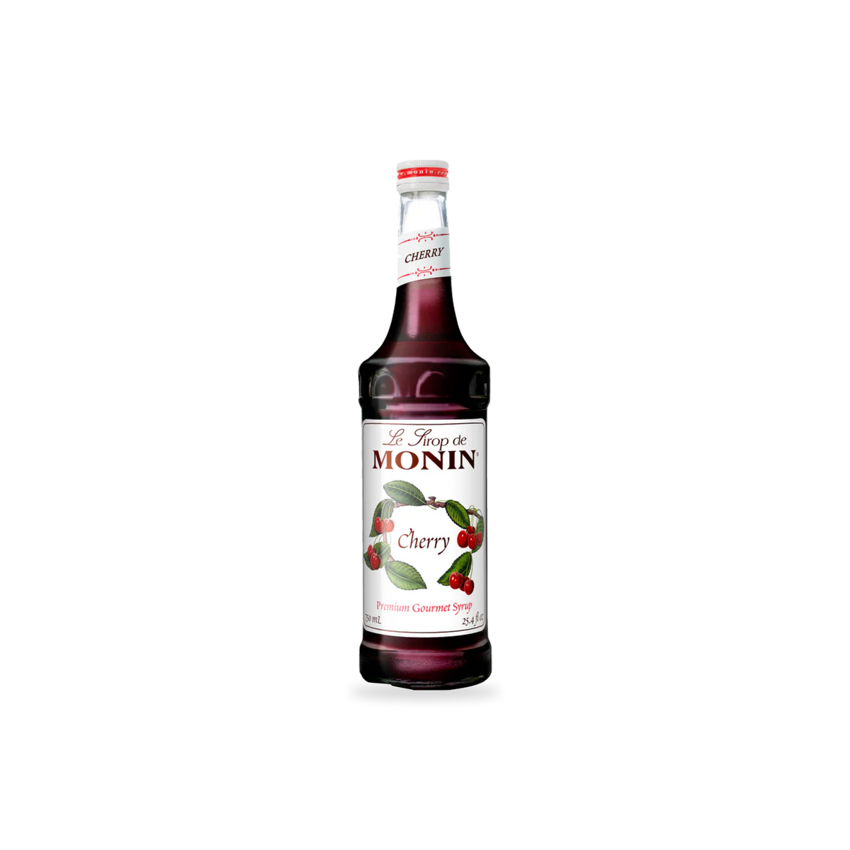 Monin Cherry syrup 750 mL bottle on a transparent background with a subtle base shadow
