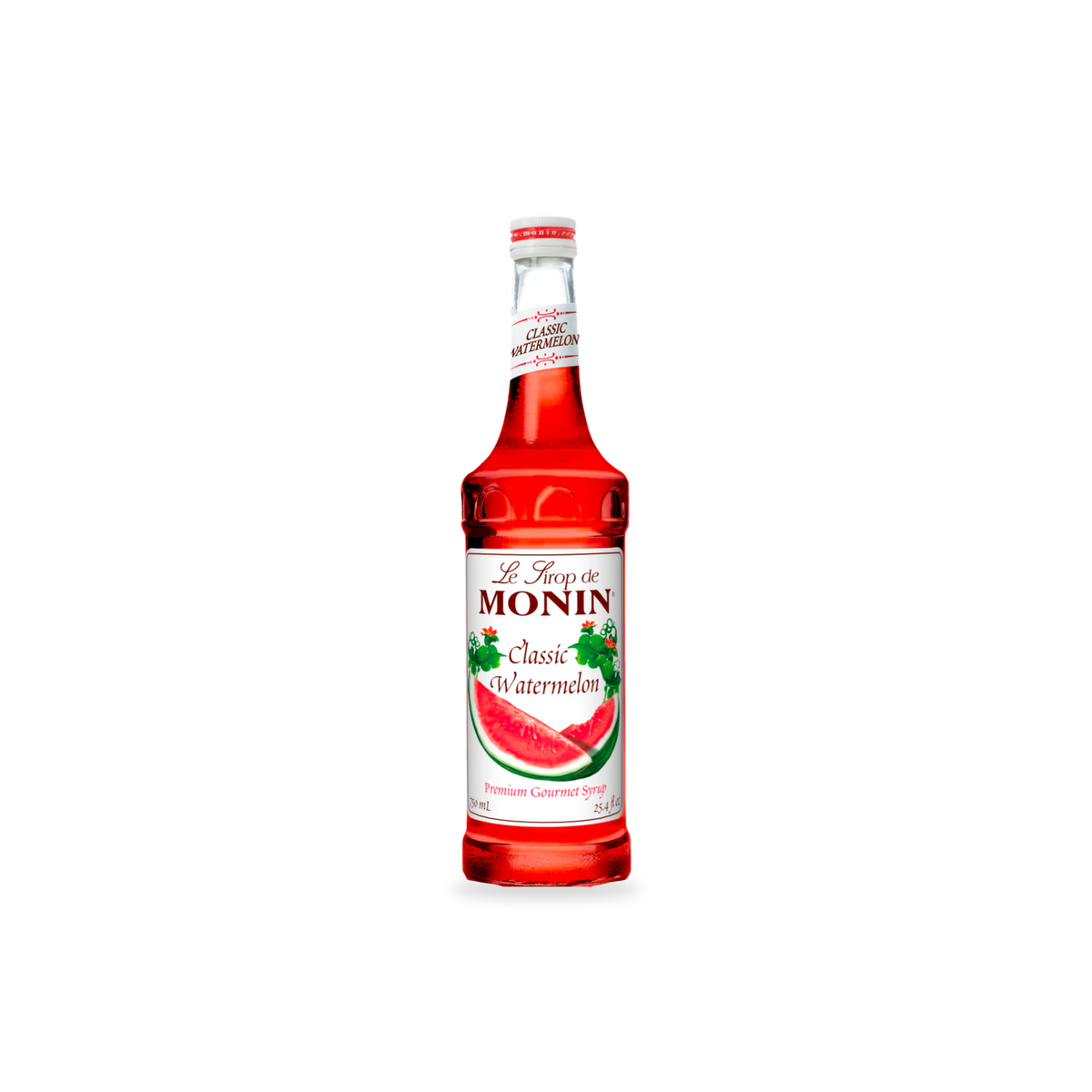 Monin Classic Watermelon syrup 750 mL bottle on a transparent background with a subtle base shadow