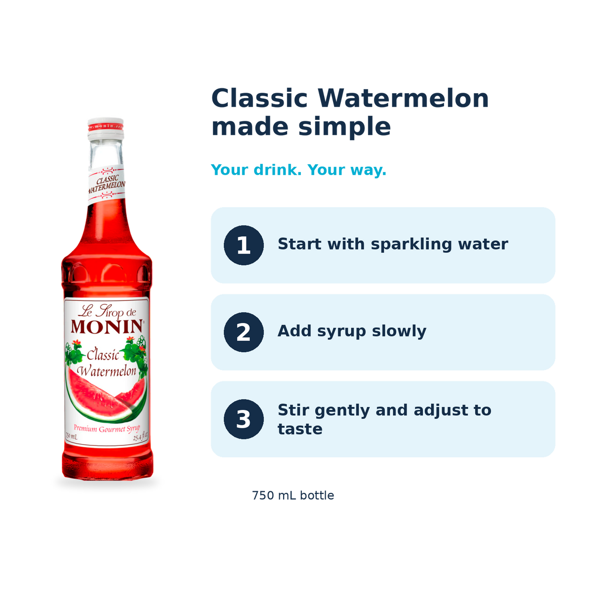 Monin Classic Watermelon syrup: start with sparkling water, add syrup slowly, stir gently and adjust to taste