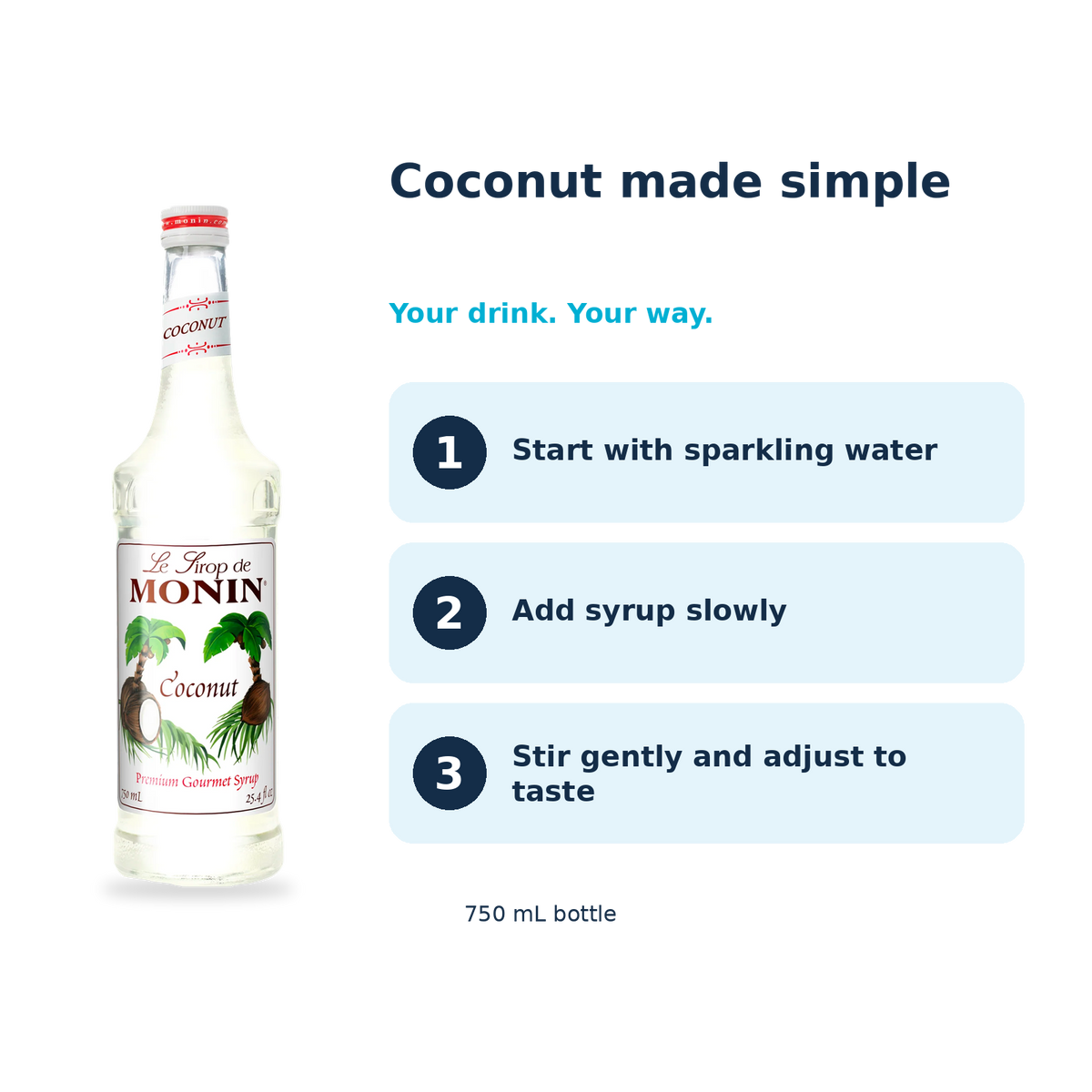 Monin Coconut syrup: start with sparkling water, add syrup slowly, stir gently and adjust to taste