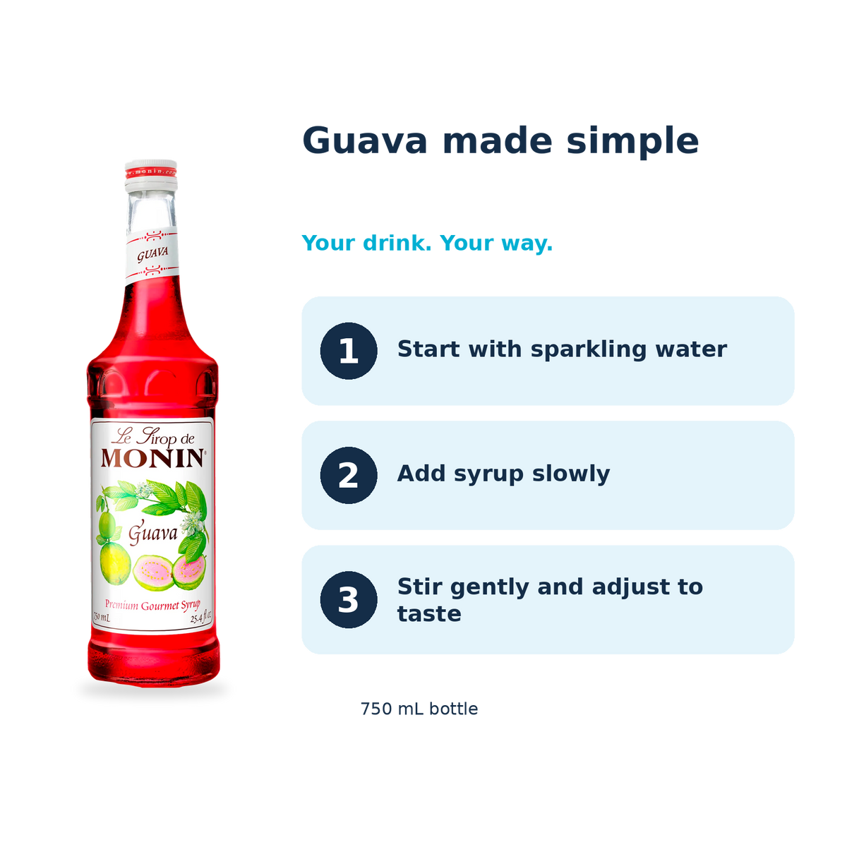 Monin Guava syrup: start with sparkling water, add syrup slowly, stir gently and adjust to taste