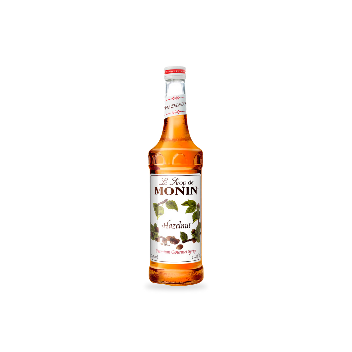 Monin Hazelnut syrup 750 mL bottle on a transparent background with a subtle base shadow