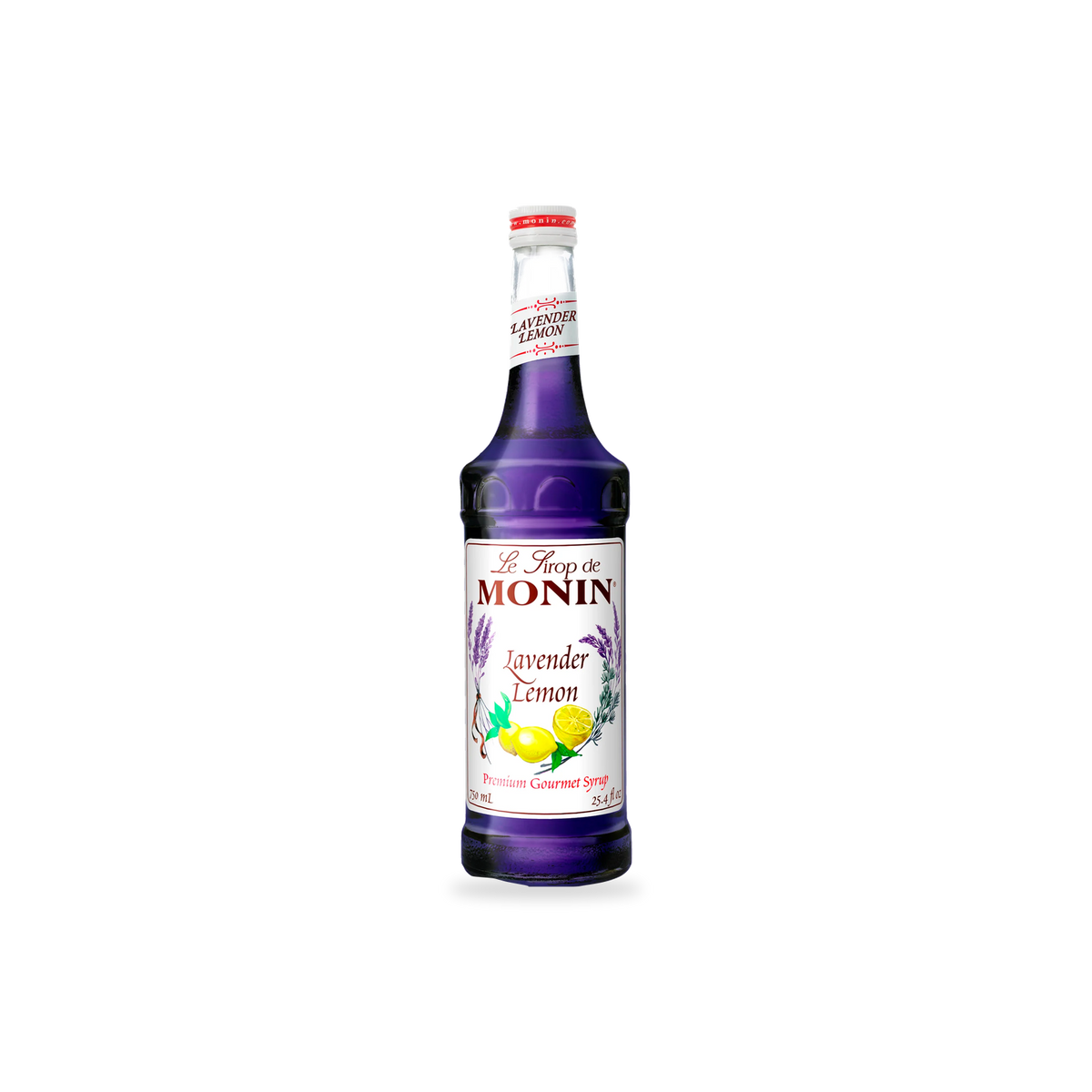 Monin Lavender Lemon syrup 750 mL bottle on a transparent background with a subtle base shadow