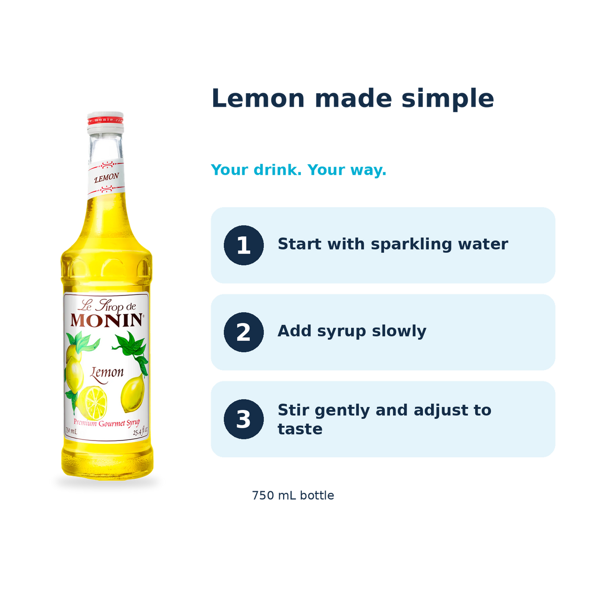 Monin Lemon syrup: start with sparkling water, add syrup slowly, stir gently and adjust to taste