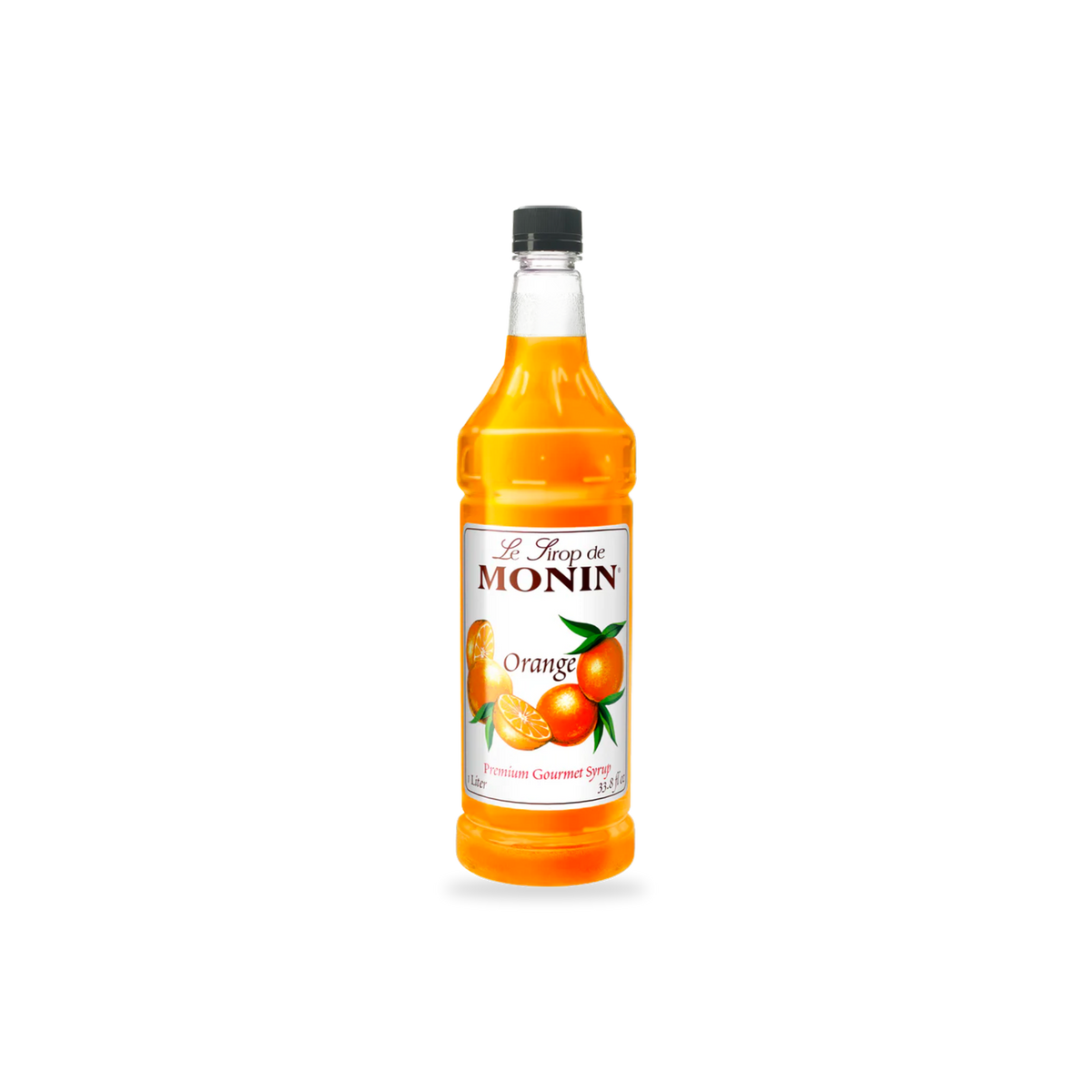 Monin Orange syrup 1 L bottle on a transparent background with a subtle base shadow