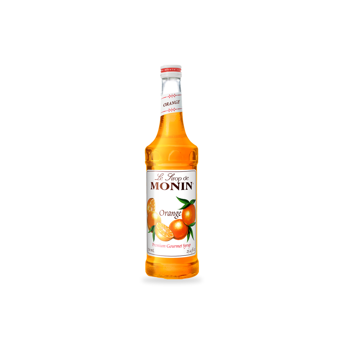 Monin Orange syrup 750 mL bottle on a transparent background with a subtle base shadow