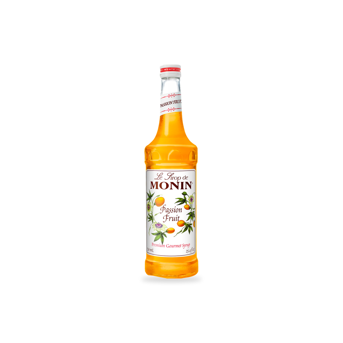 Monin Passion Fruit syrup 750 mL bottle on a transparent background with a subtle base shadow