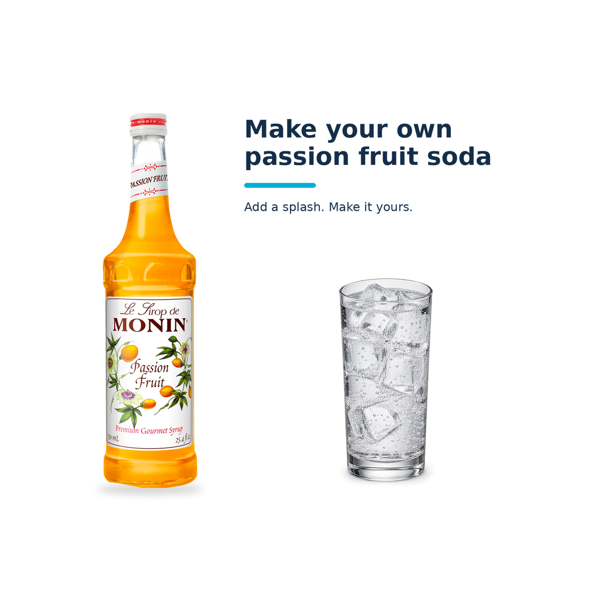 Monin Passion Fruit syrup with a serving illustration