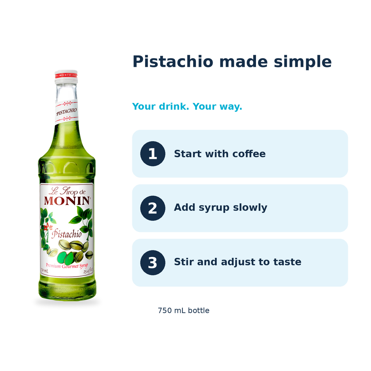 Monin Pistachio syrup: start with coffee, add syrup slowly, stir and adjust to taste