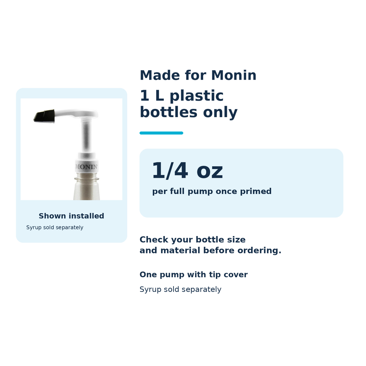 Original Monin 1 L pump shown installed on a bottle neck; fits Monin 1 L plastic bottles only; dispenses 1/4 oz per full pump once primed; one pump with tip cover; syrup sold separately