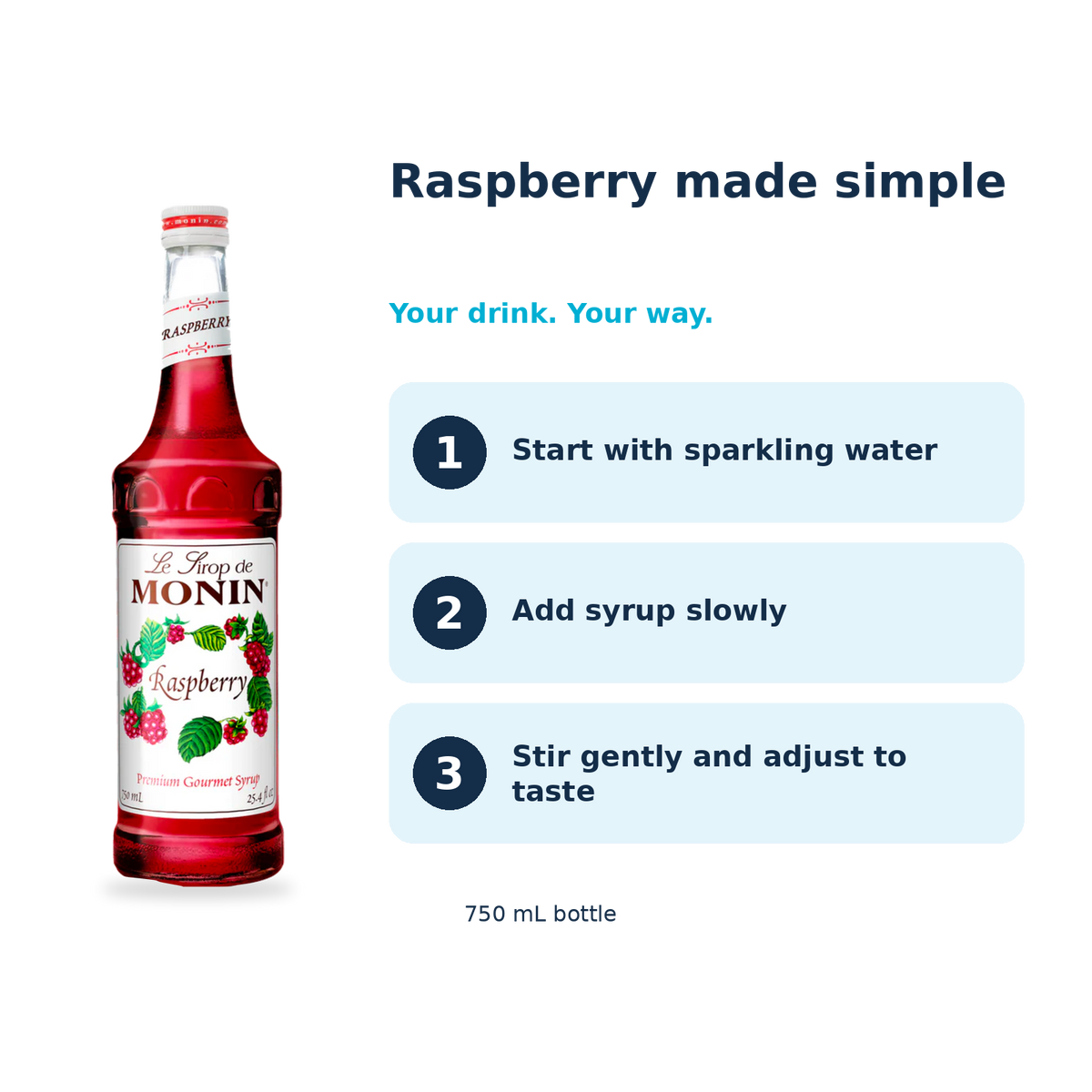 Monin Raspberry syrup: start with sparkling water, add syrup slowly, stir gently and adjust to taste