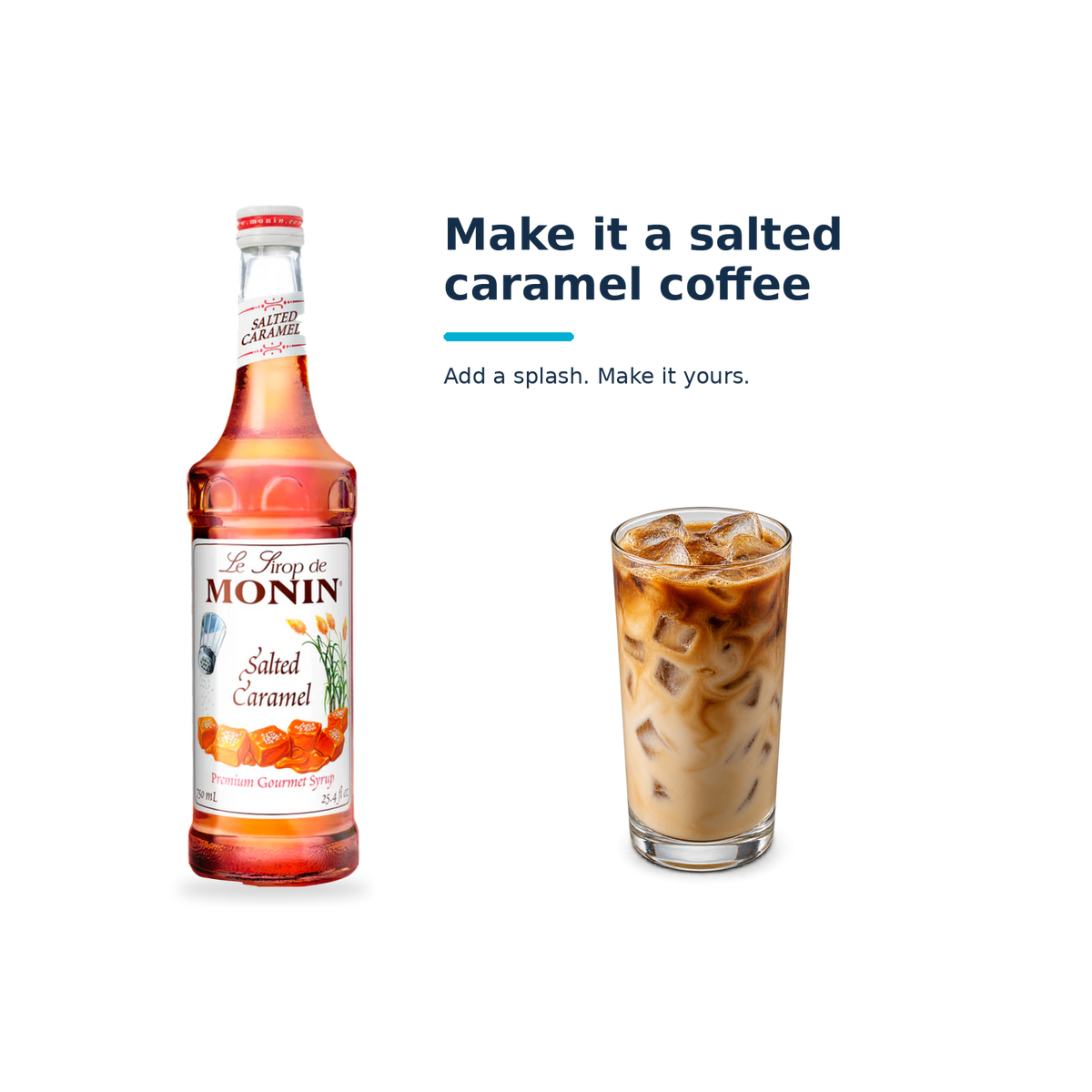 Monin Salted Caramel syrup with a serving illustration