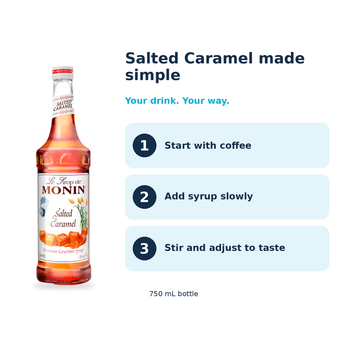 Monin Salted Caramel syrup: start with coffee, add syrup slowly, stir and adjust to taste