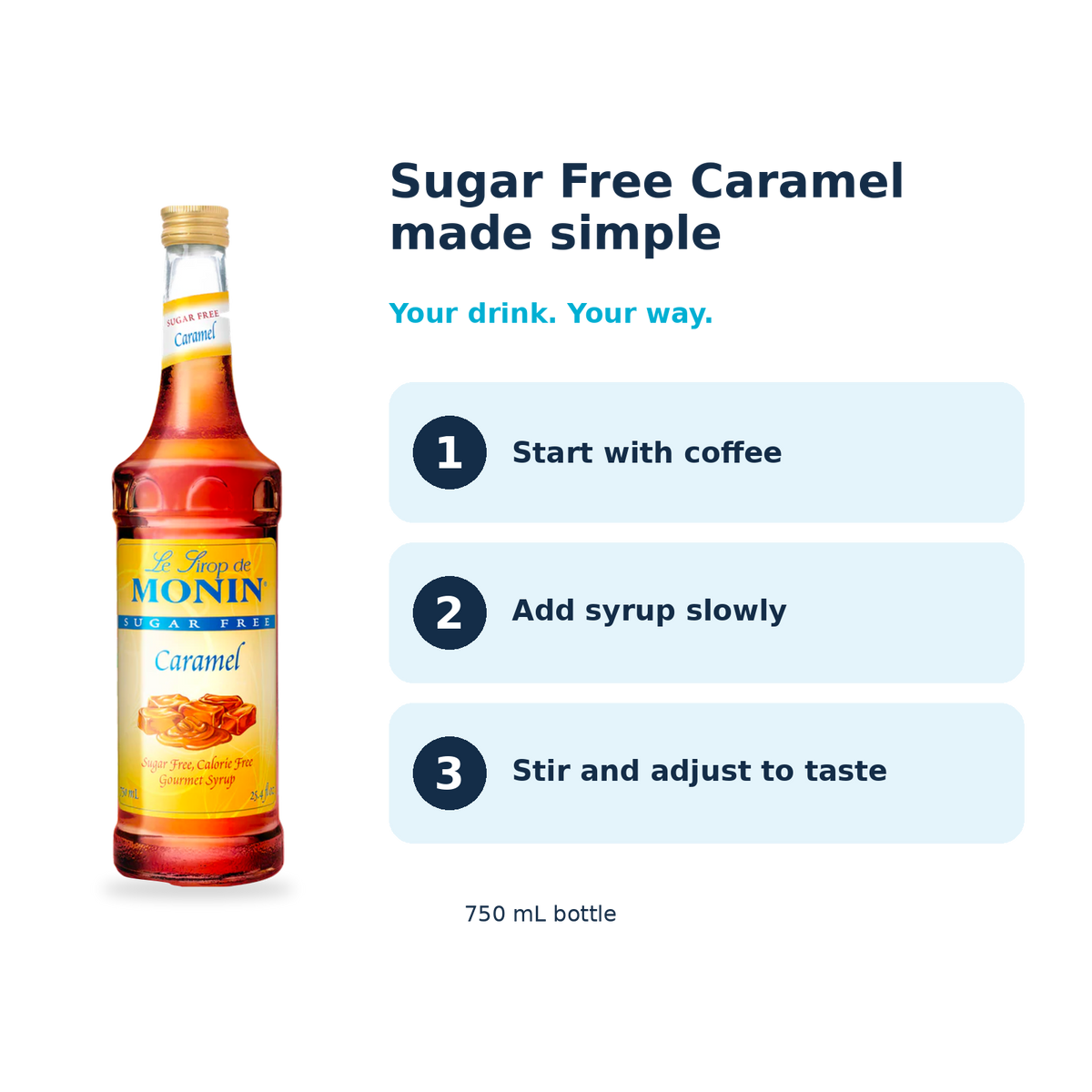Monin Sugar Free Caramel syrup: start with coffee, add syrup slowly, stir and adjust to taste