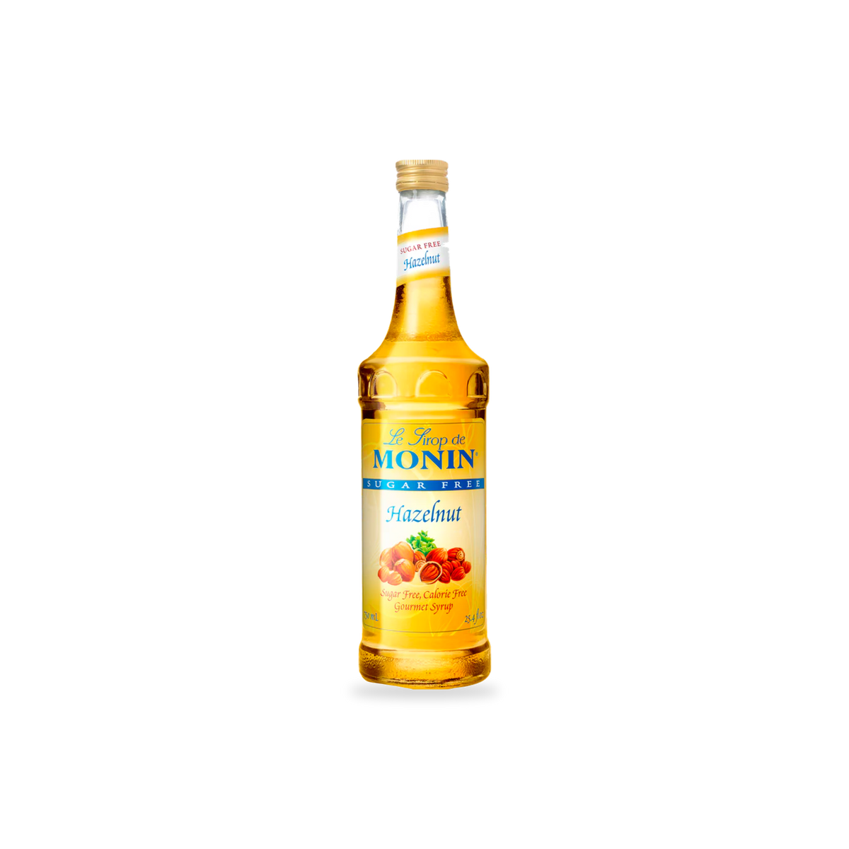 Monin Sugar Free Hazelnut syrup 750 mL bottle on a transparent background with a subtle base shadow