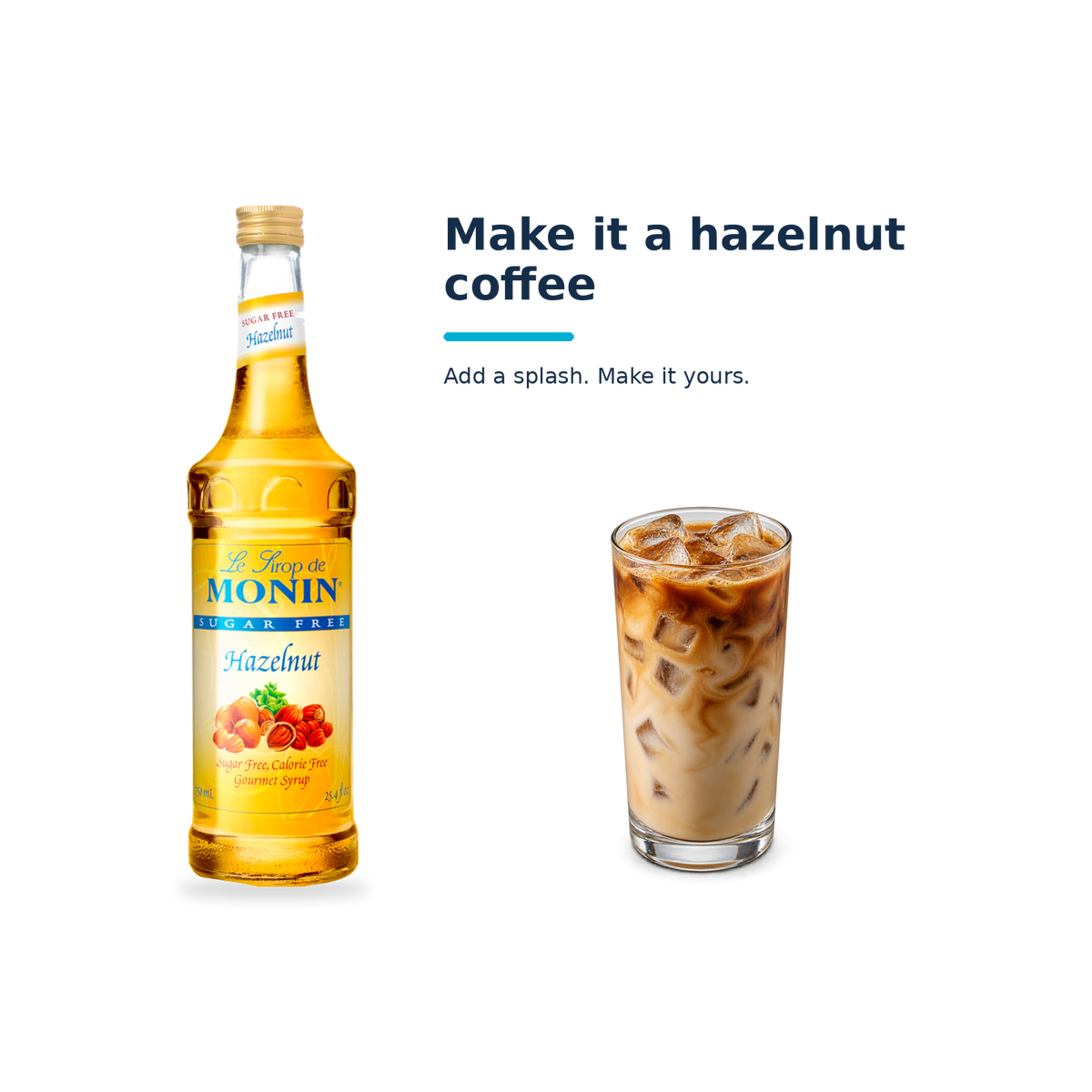 Monin Sugar Free Hazelnut syrup with a serving illustration