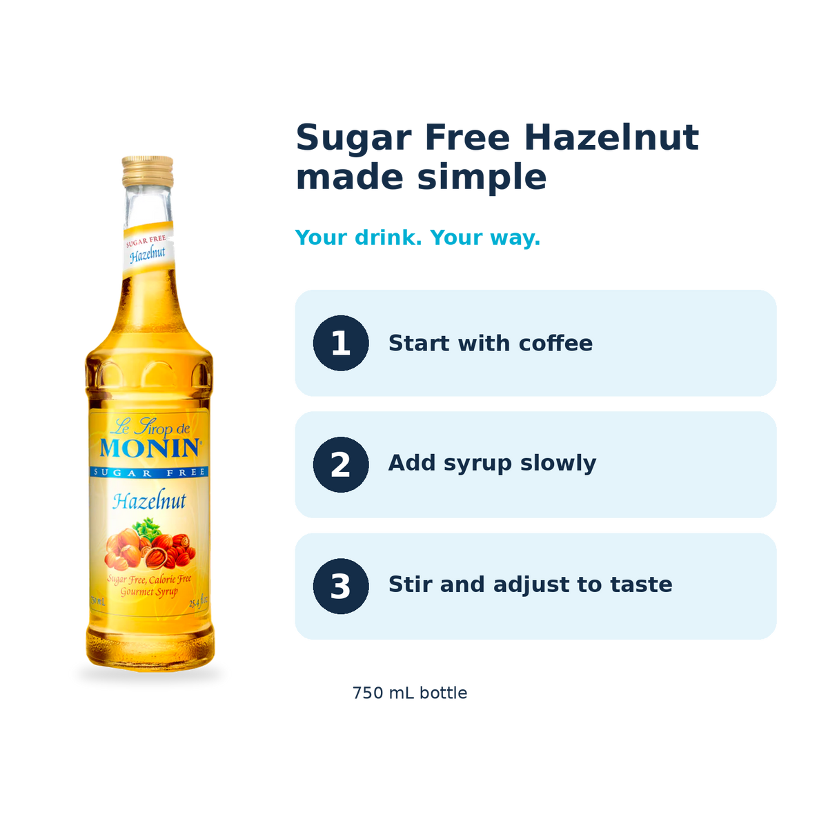 Monin Sugar Free Hazelnut syrup: start with coffee, add syrup slowly, stir and adjust to taste
