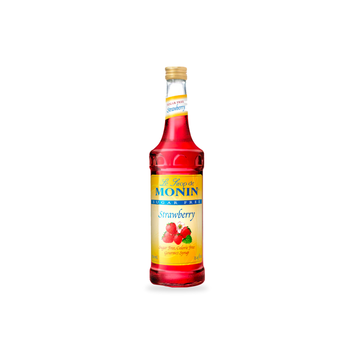 Monin Sugar Free Strawberry syrup 750 mL bottle on a transparent background with a subtle base shadow