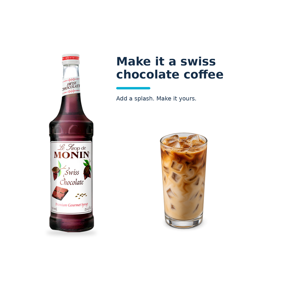 Monin Swiss Chocolate syrup with a serving illustration