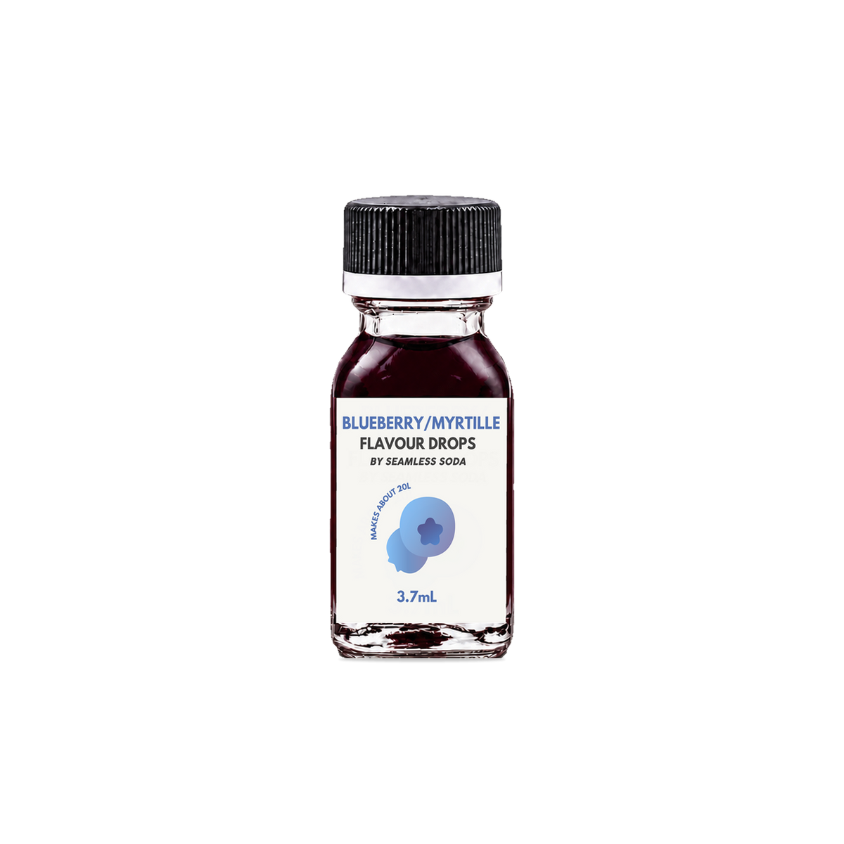 Seamless Soda Blueberry Flavour Drops, 3.7 mL square glass bottle with original white label, black cap and white seal