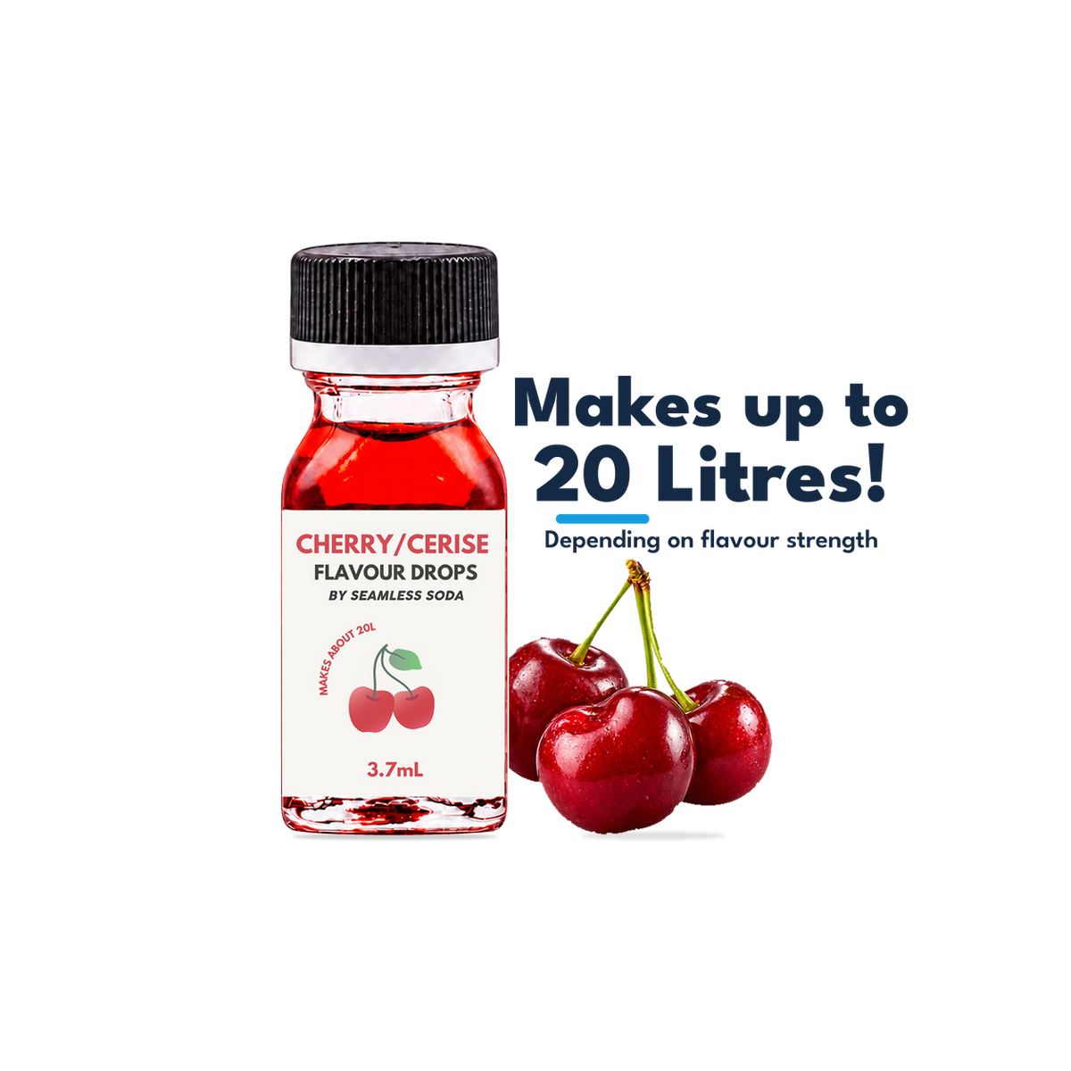 Seamless Soda Cherry Flavour Drops, 3.7 mL white-label bottle with fruit