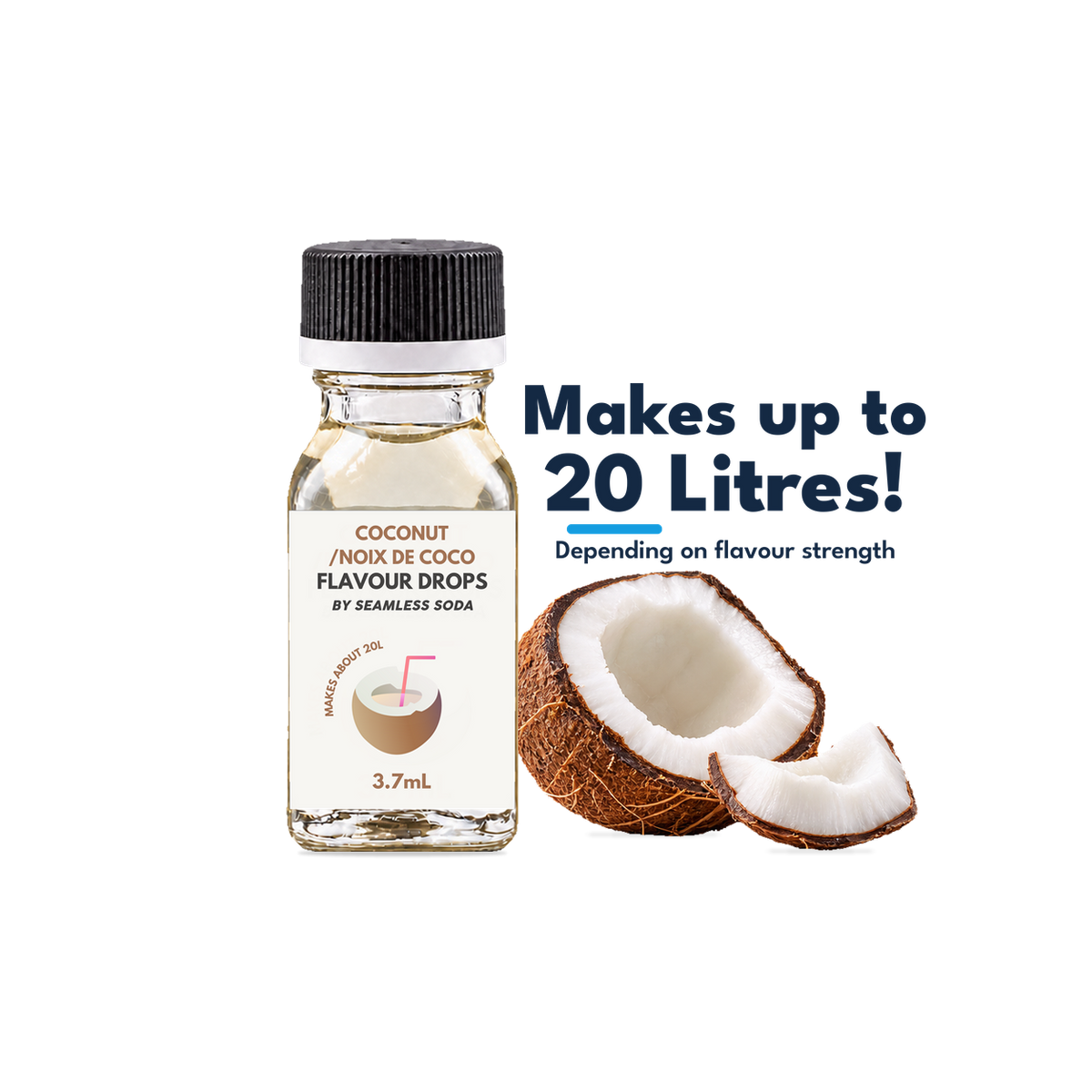 Seamless Soda coconut flavour drops 3.7 mL bottle with coconut flavour illustration. Makes up to 20 litres, depending on flavour strength.
