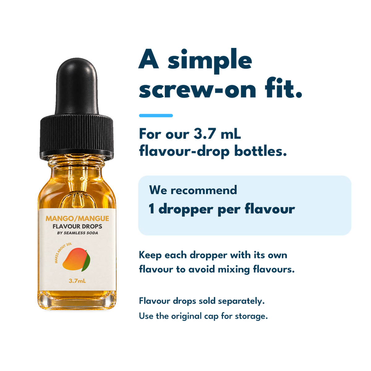 Dropper fitted to a Seamless Soda 3.7 mL Mango bottle; one dropper per flavour recommended to avoid mixing flavours