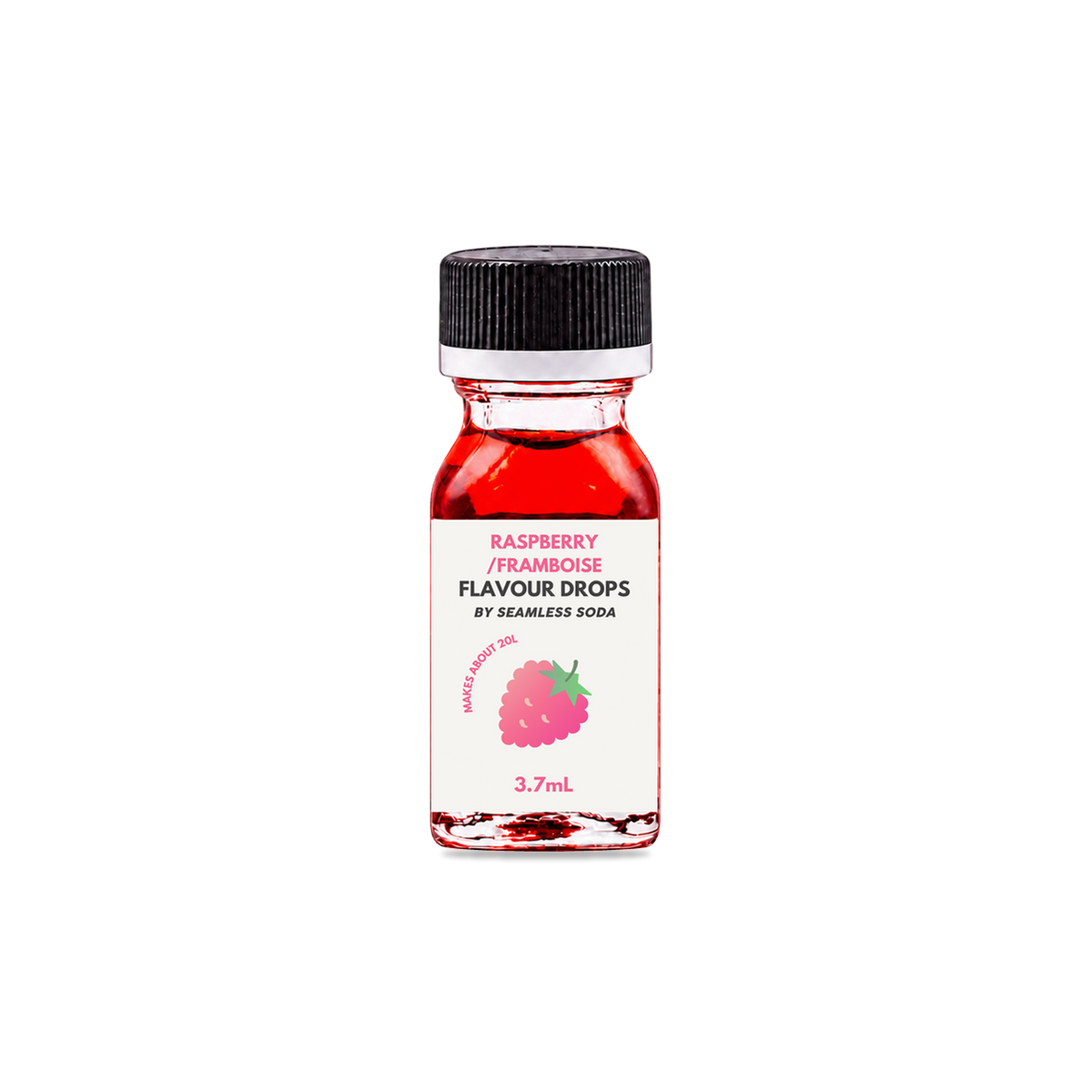 Seamless Soda Raspberry Flavour Drops, 3.7 mL square glass bottle with original white label, black cap and white seal
