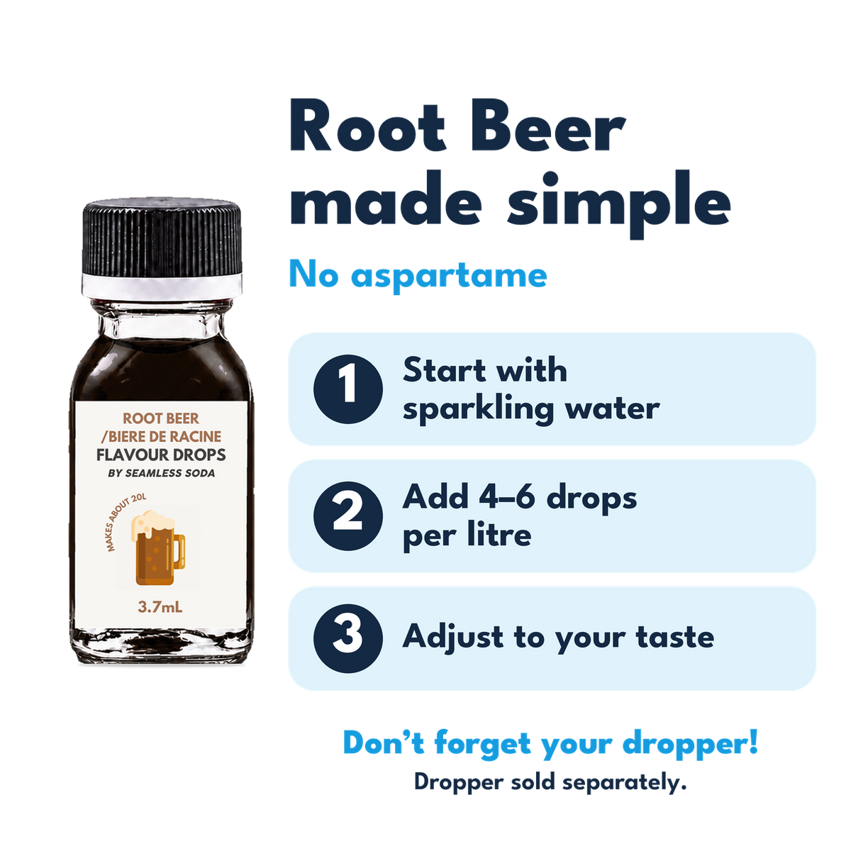 Root Beer Flavour Drops. No aspartame. Add 4–6 drops per litre of carbonated water. Dropper sold separately.