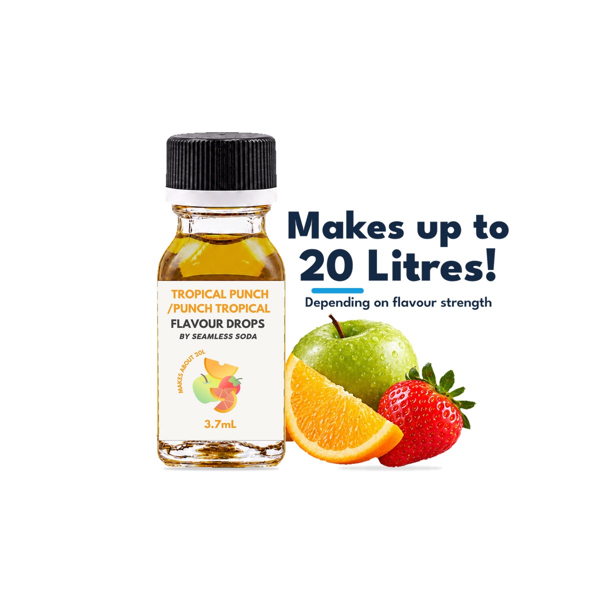 Seamless Soda Tropical Punch Flavour Drops, 3.7 mL white-label bottle with fruit