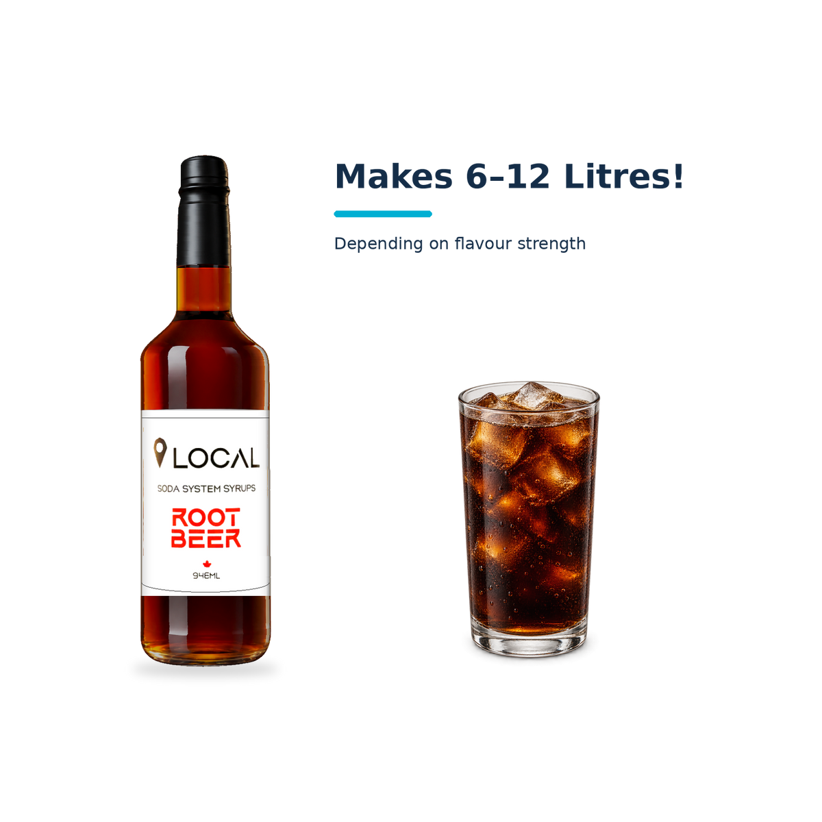 Simps LOCAL Root Beer syrup with a serving illustration; makes 6–12 litres depending on flavour strength