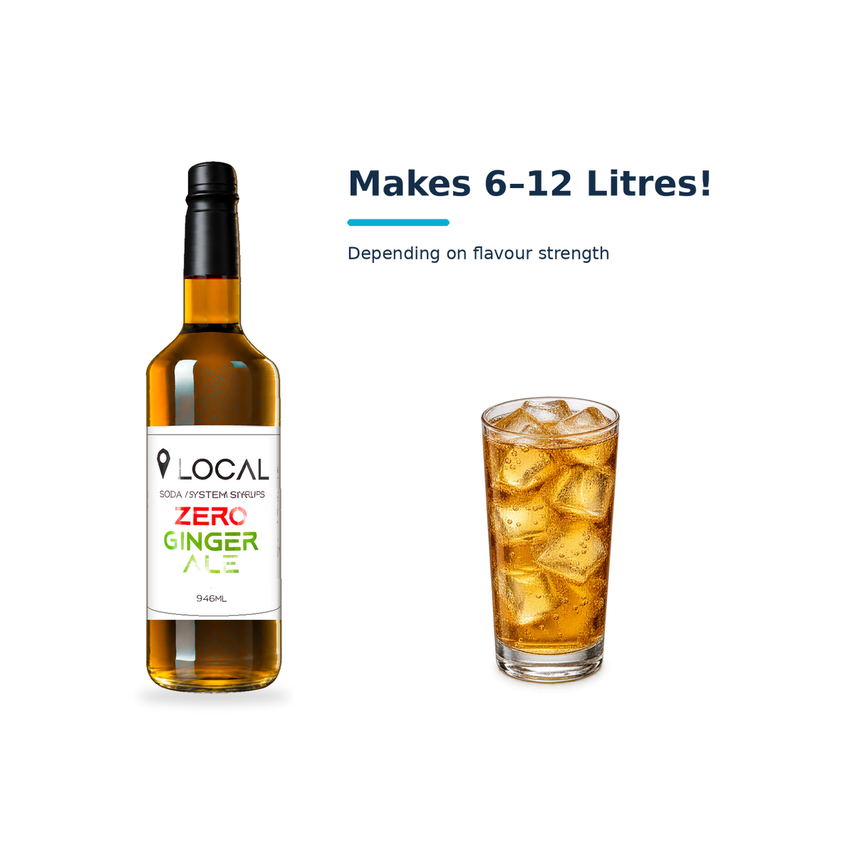 Simps LOCAL Zero Sugar Ginger Ale syrup with a serving illustration; makes 6–12 litres depending on flavour strength