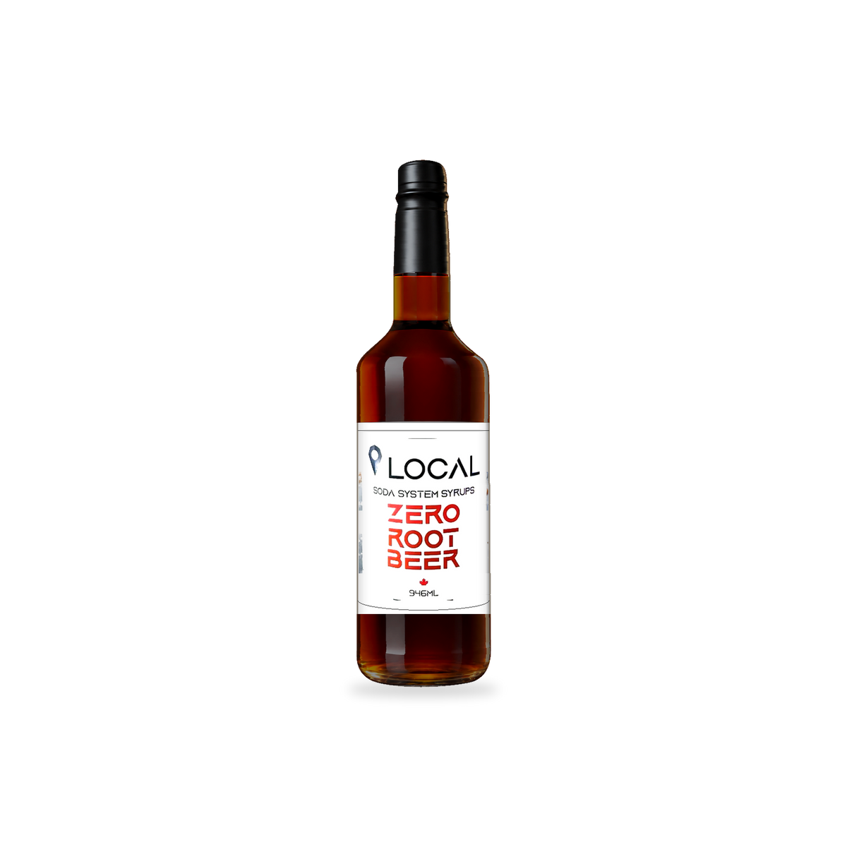 Simps LOCAL Zero Sugar Root Beer syrup 946 mL bottle on a transparent background with a subtle base shadow