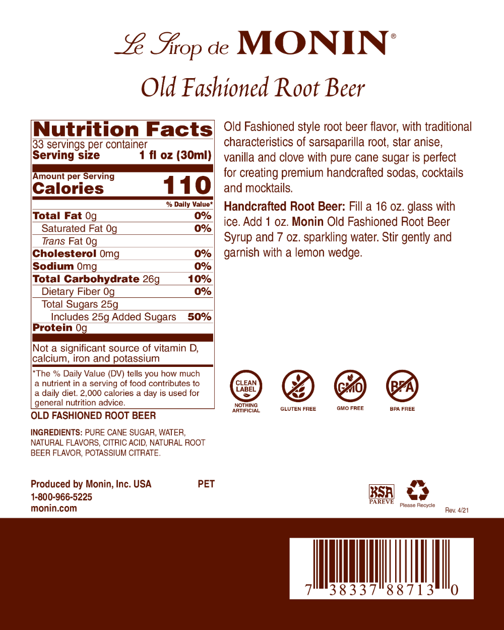 Old Fashioned Root Beer Syrup - 1L